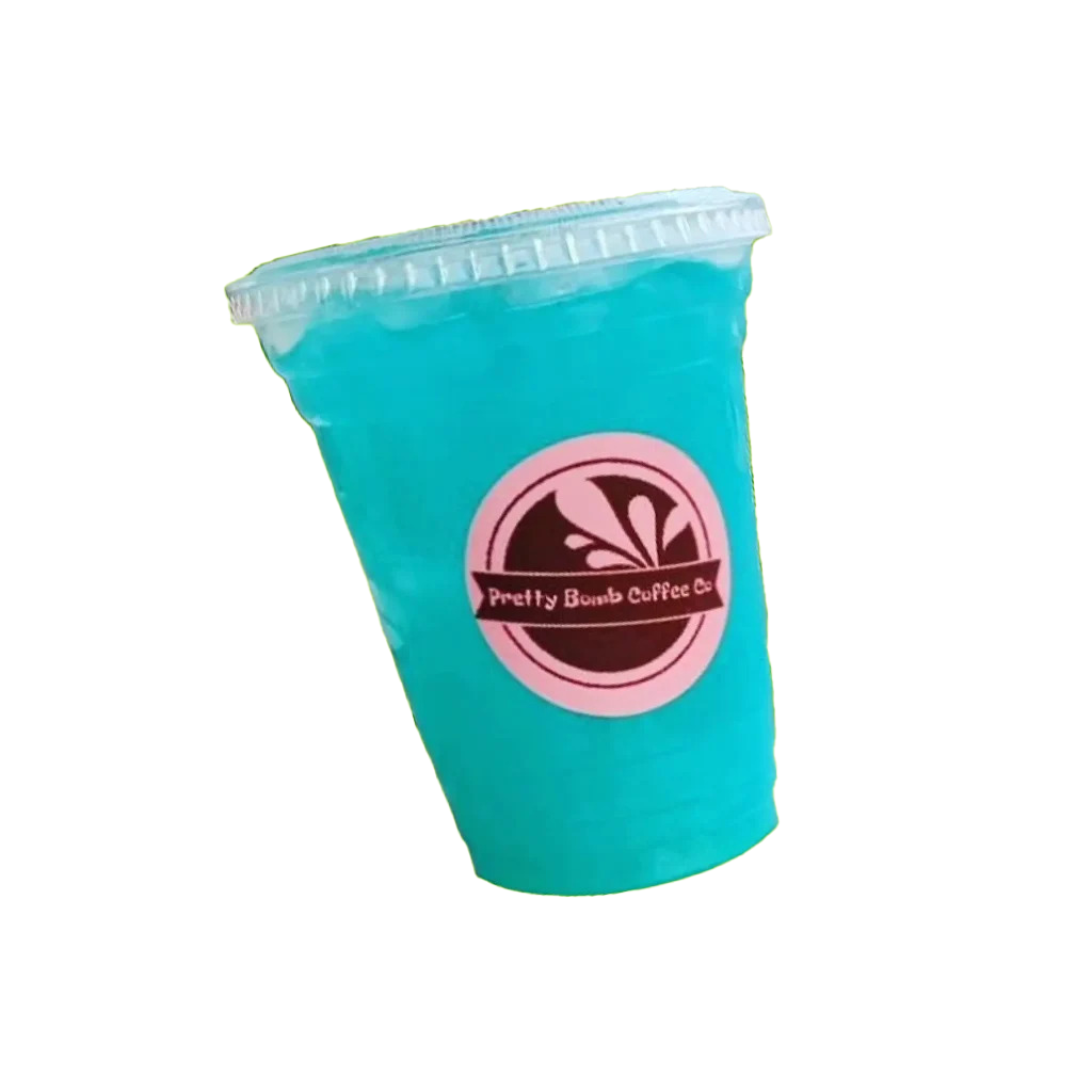 A bright teal drink with the Pretty Bomb Coffee Co. logo, on a lime-green background